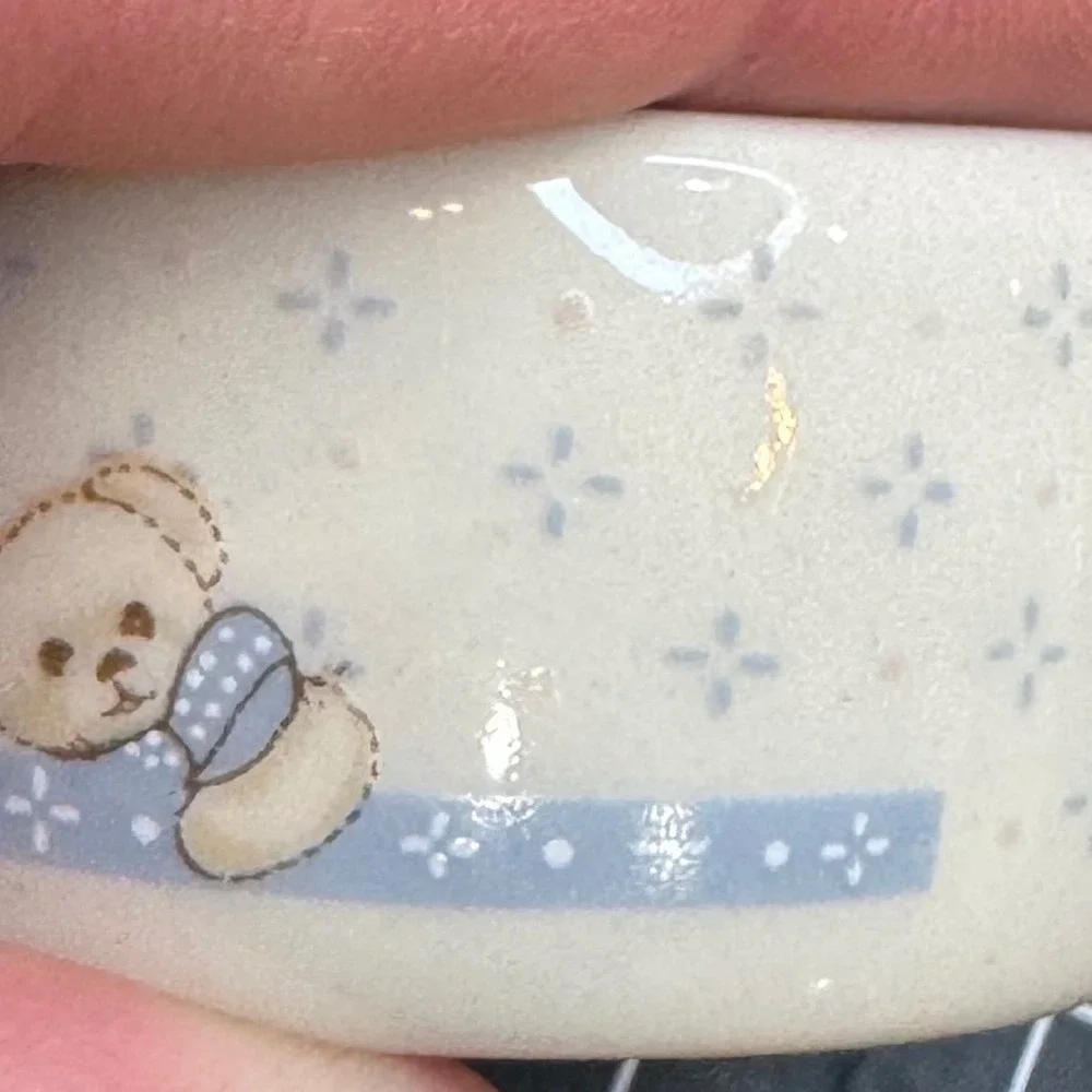 Vtg Tienshan Teddy Bear Ceramic Napkin Ring Blue Bow Nursery Decor Cream Baby‎